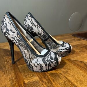 Jennifer Lopez Black Lace Peep-Toe Heels